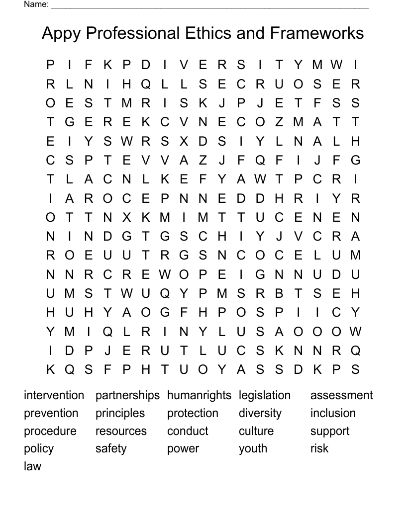 Appy Professional Ethics and Frameworks Word Search