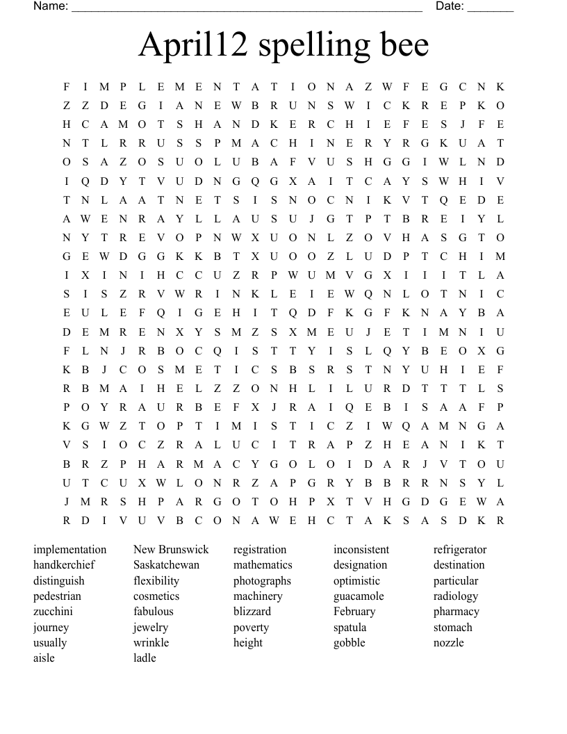 April12 spelling bee Word Search