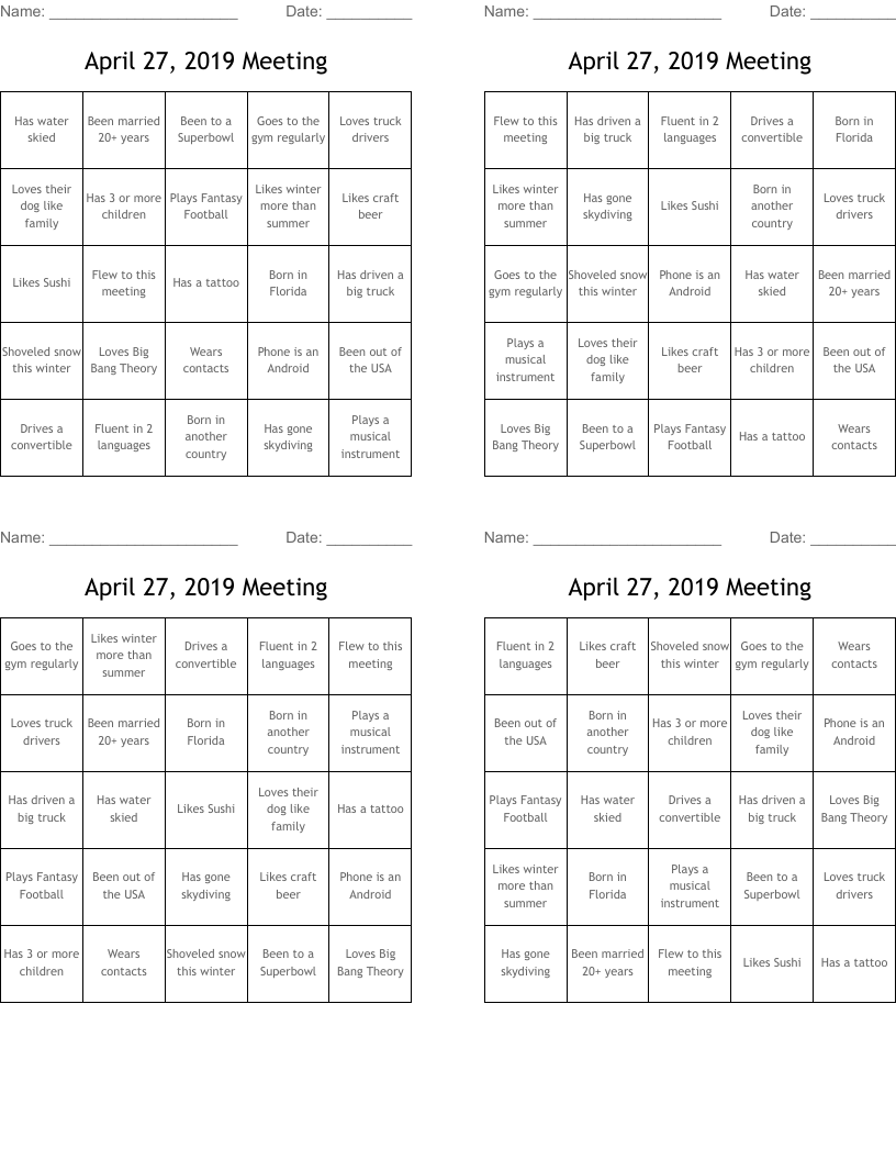 April 27, 2019 Meeting Bingo Cards