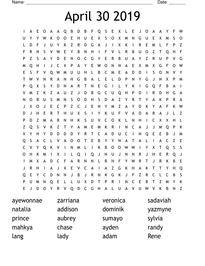 April 30 2019 Word Search