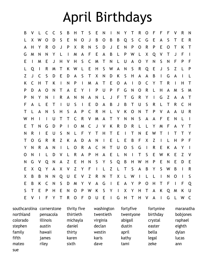 April Birthdays Word Search