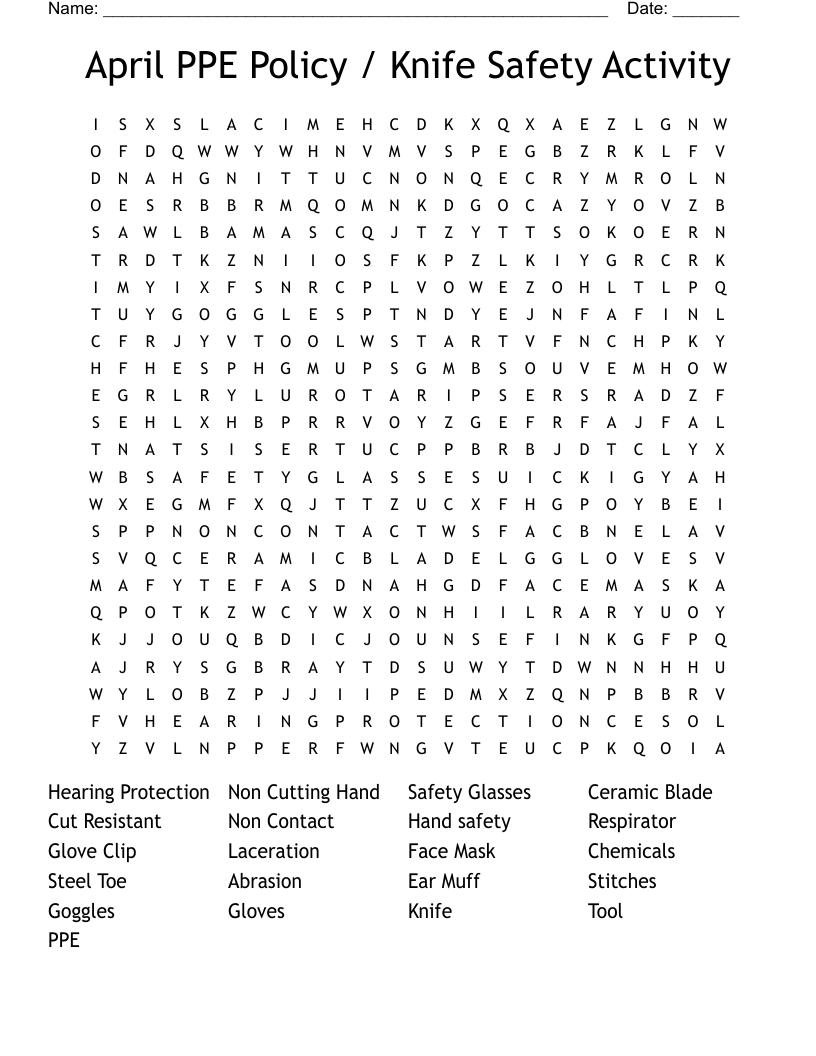 April PPE Policy / Knife Safety Activity Word Search