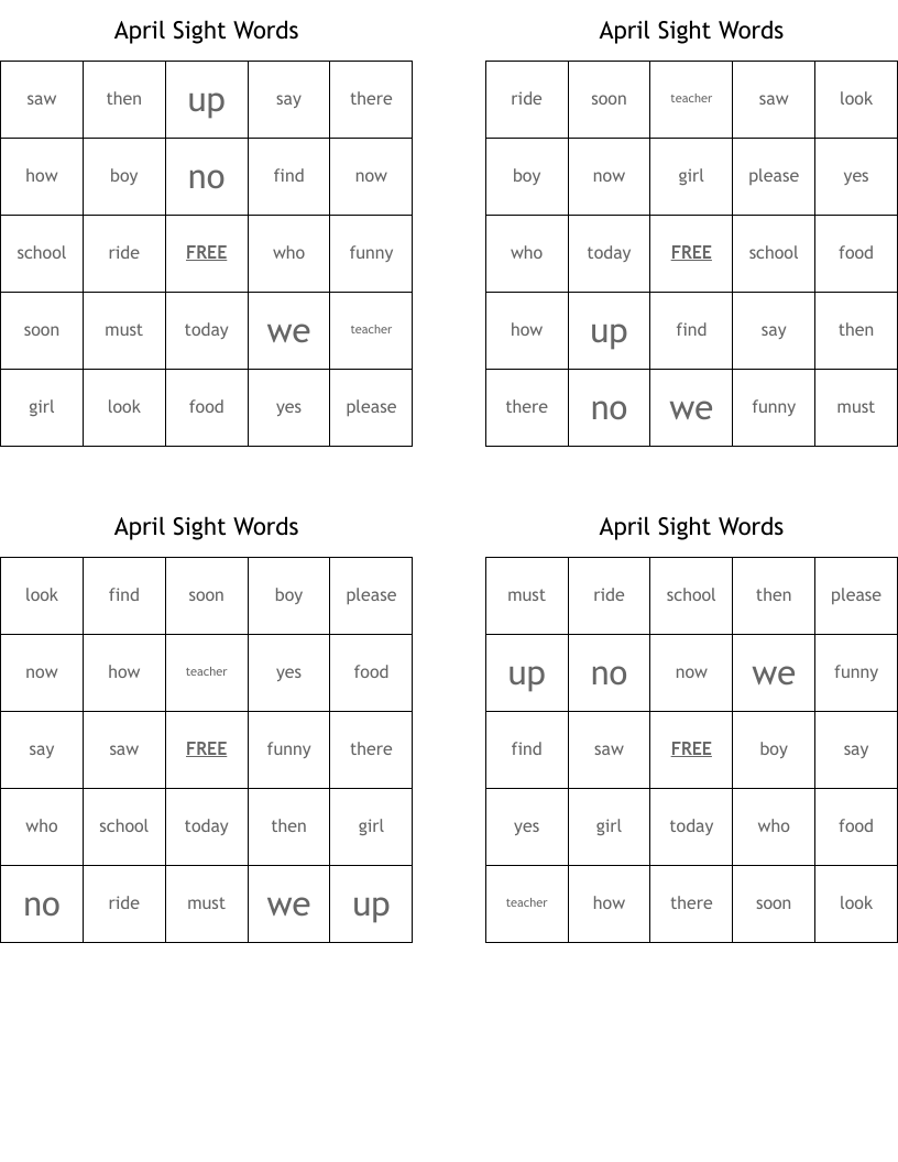 April Sight Words Bingo Cards