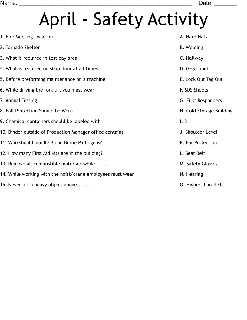 April - Safety Activity Worksheet