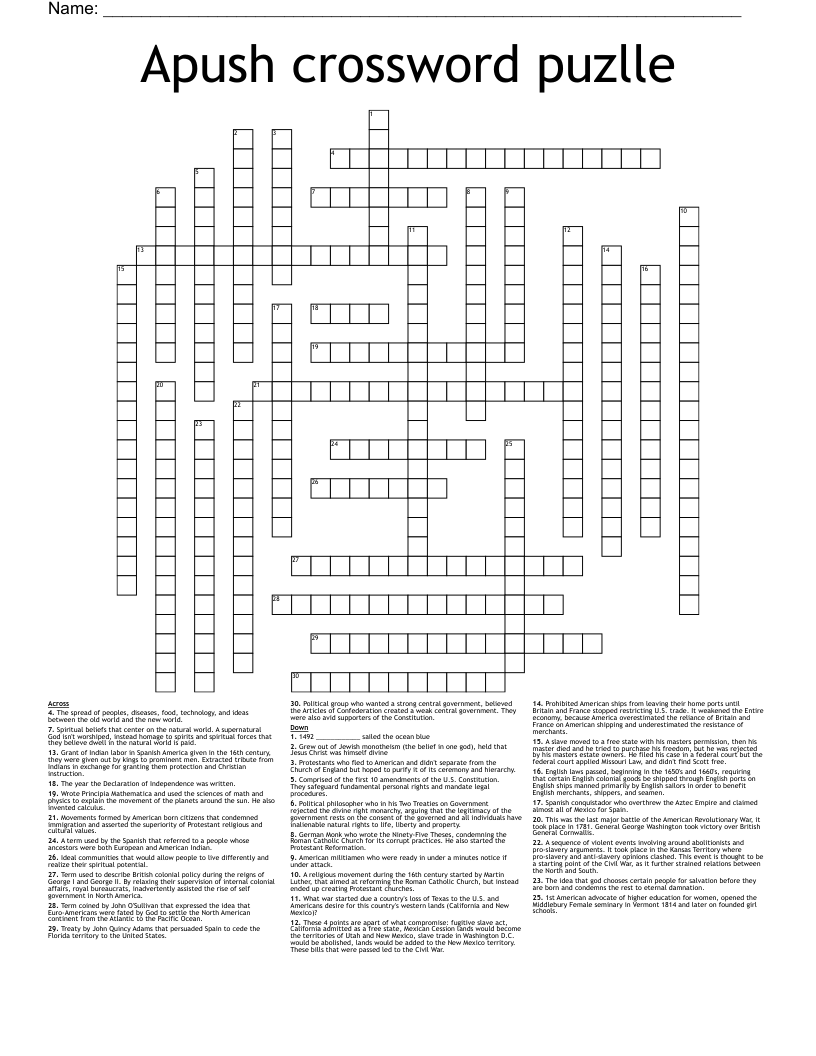 Apush crossword puzlle