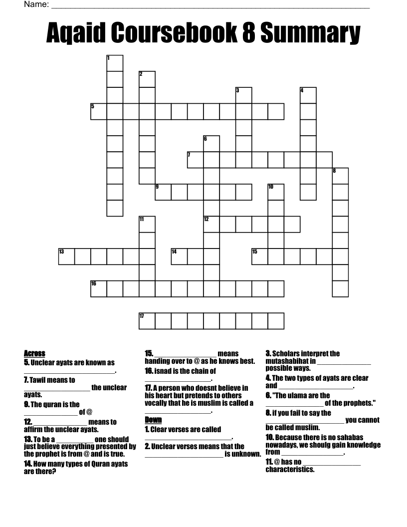 Aqaid Coursebook 8 Summary Crossword