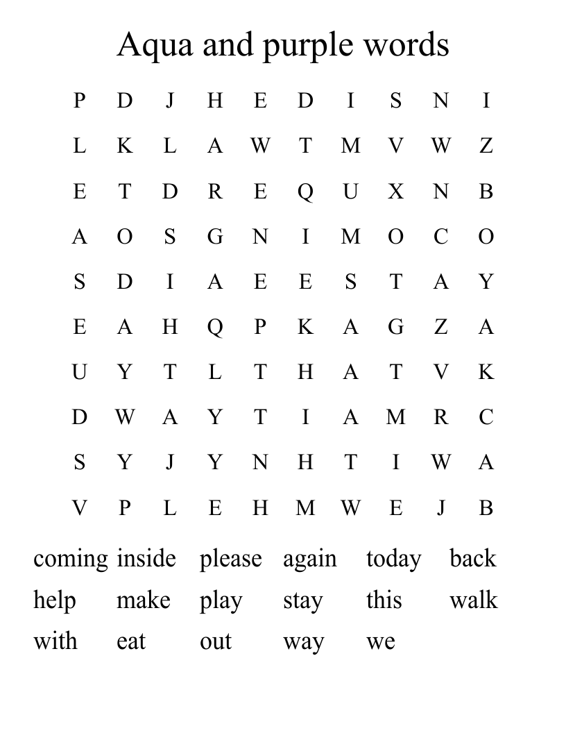 Aqua and purple words Word Search