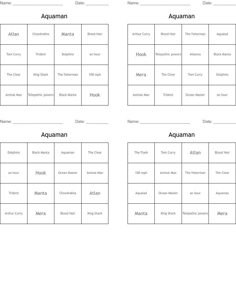 Aquaman Bingo Cards