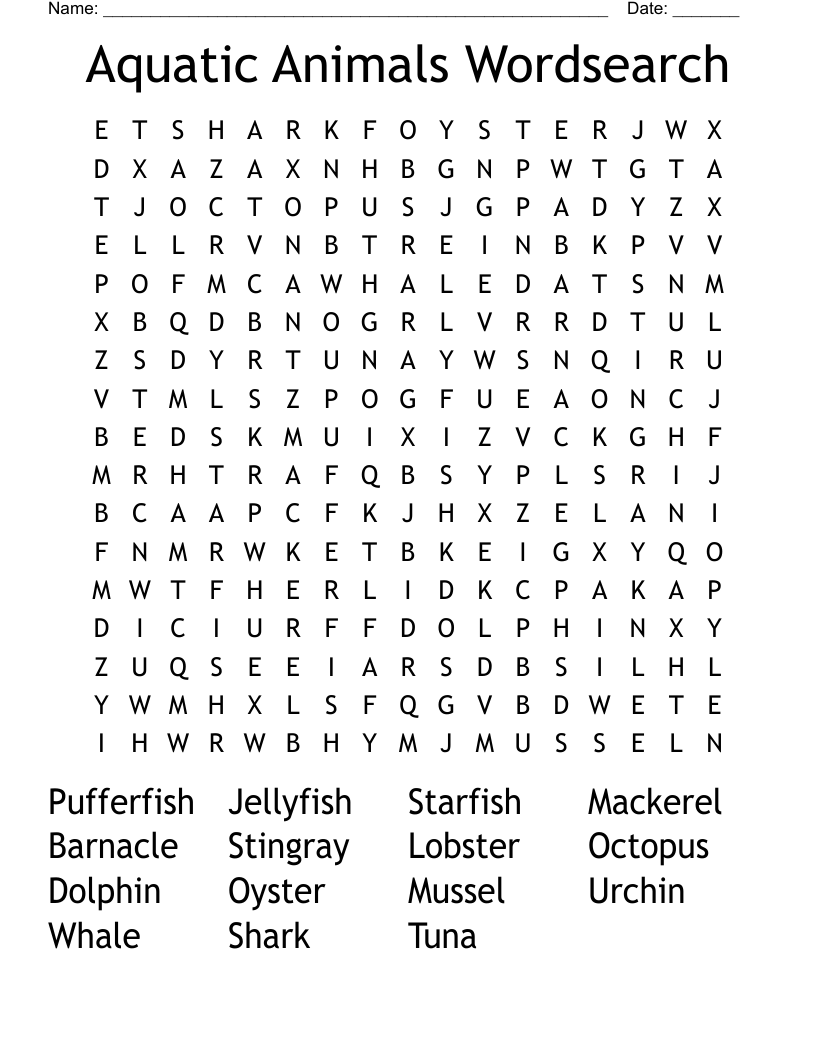 Aquatic Animals Wordsearch