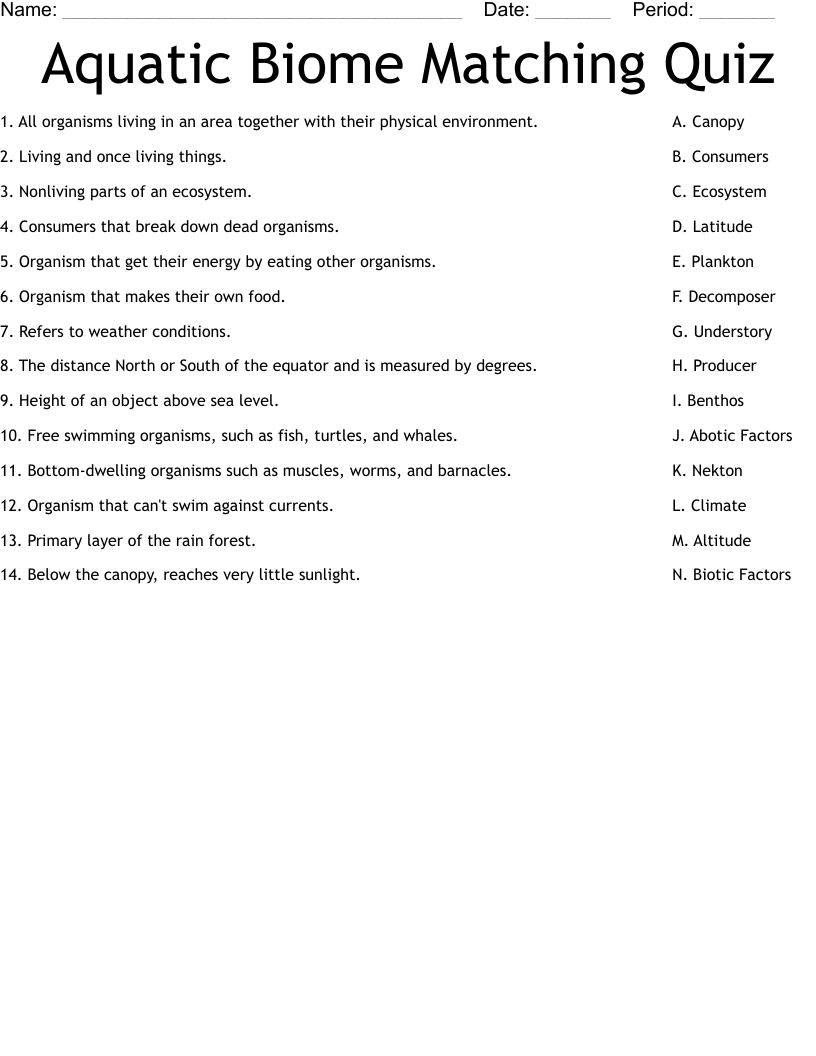 Aquatic Biome Matching Quiz Worksheet