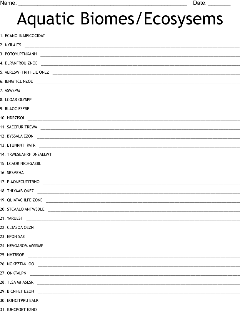 Aquatic Biomes/Ecosysems Word Scramble