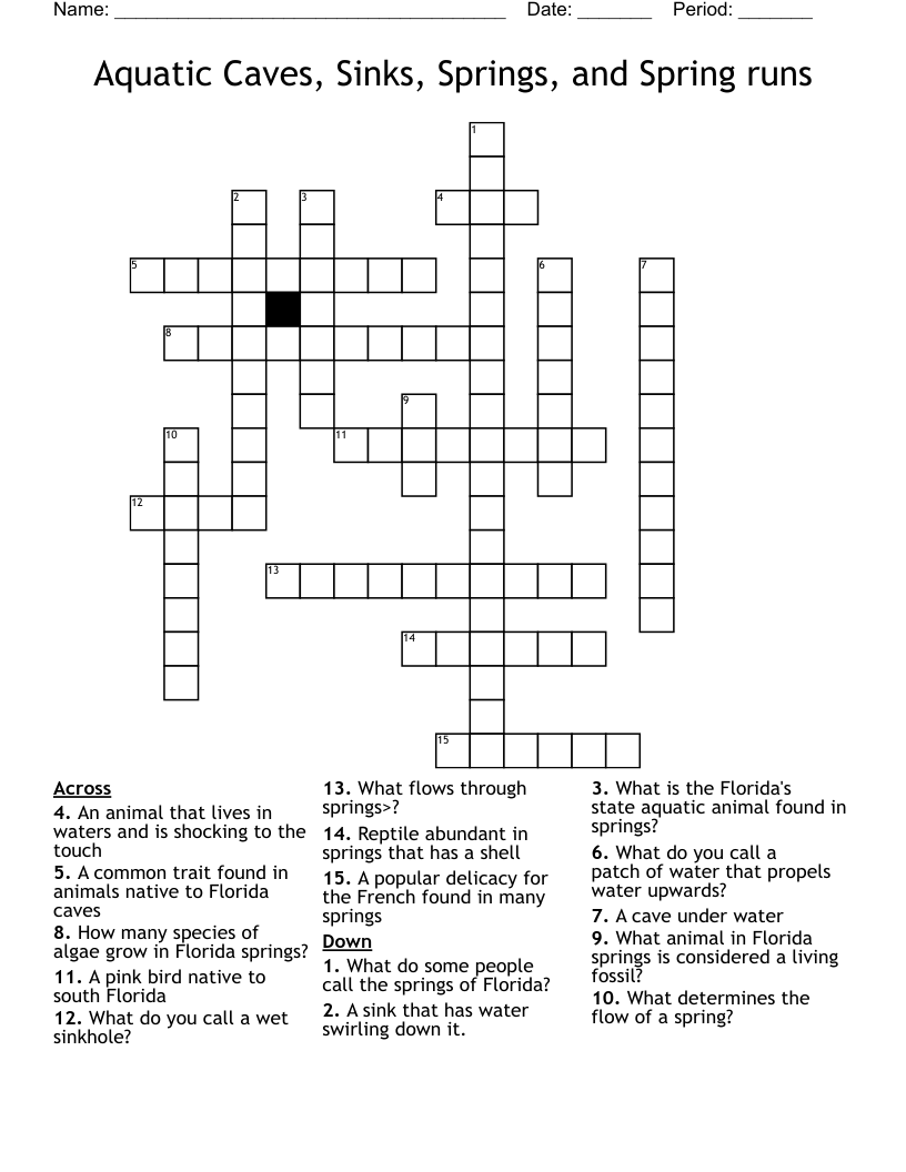 Aquatic Caves, Sinks, Springs, and Spring runs Crossword