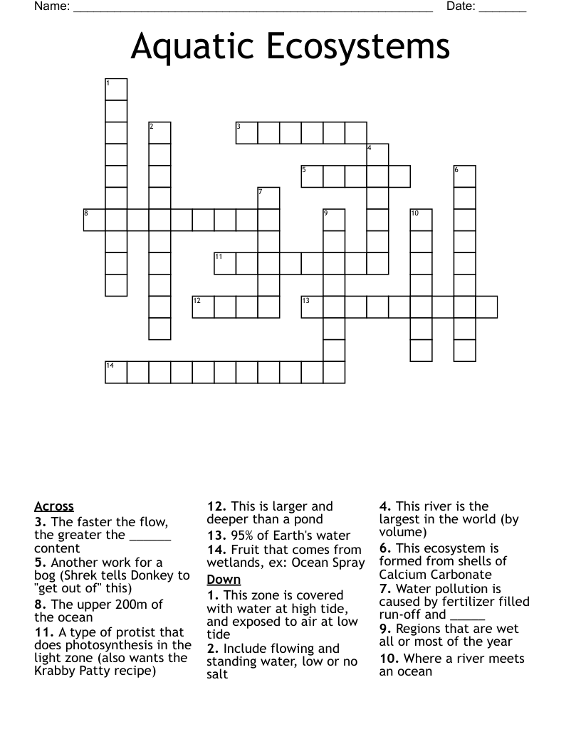 Aquatic Ecosystems Crossword
