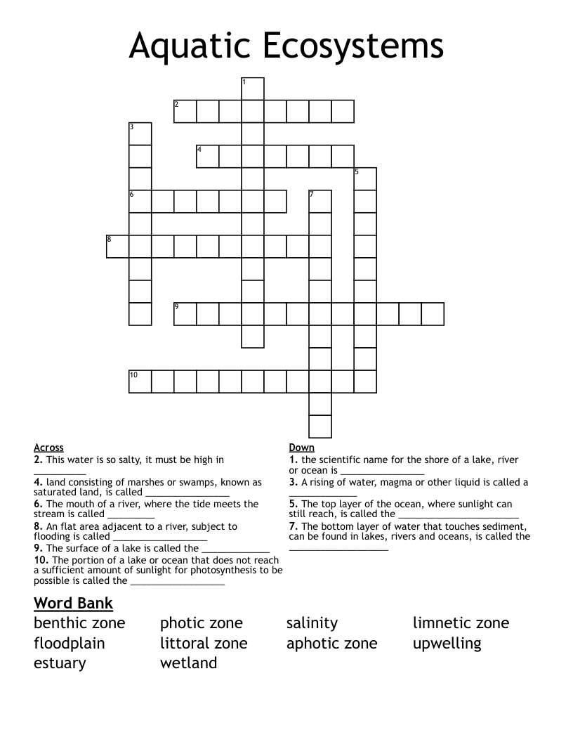 Aquatic Ecosystems Crossword