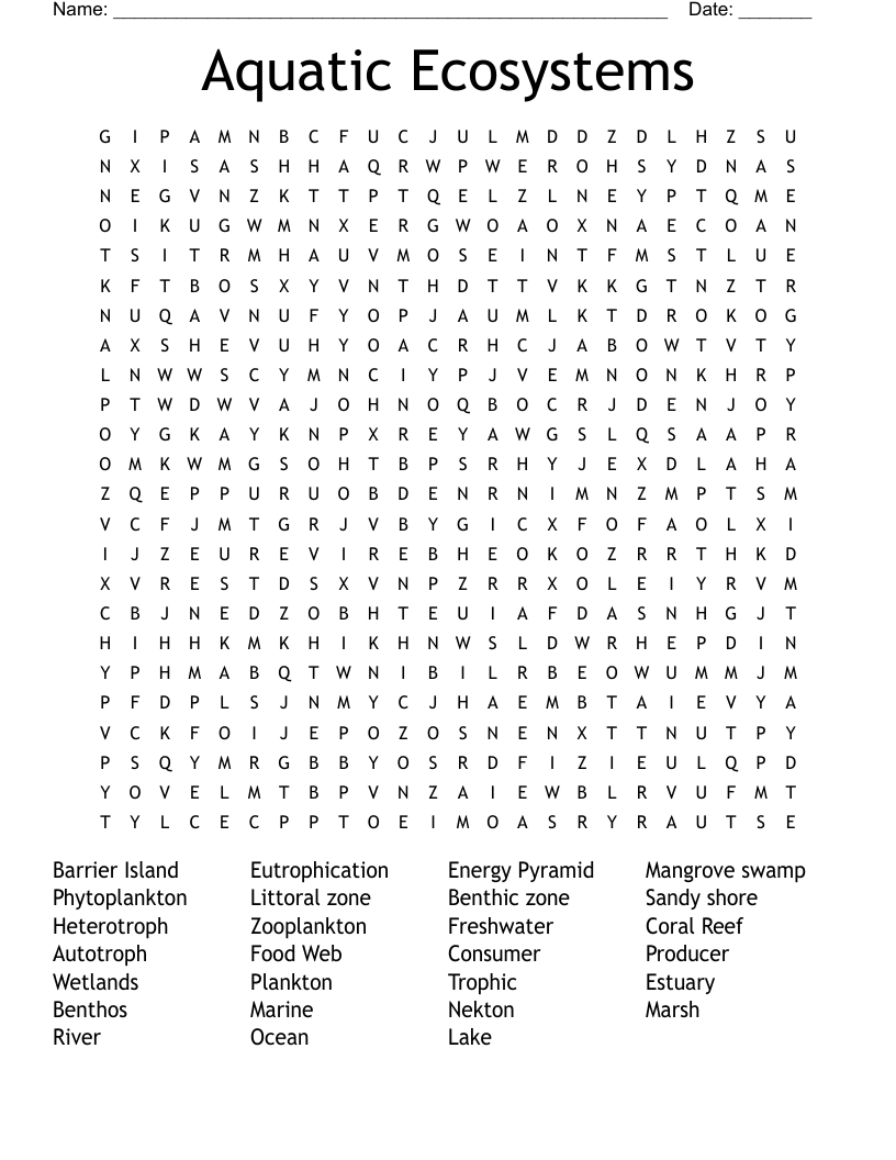 Aquatic Ecosystems Word Search