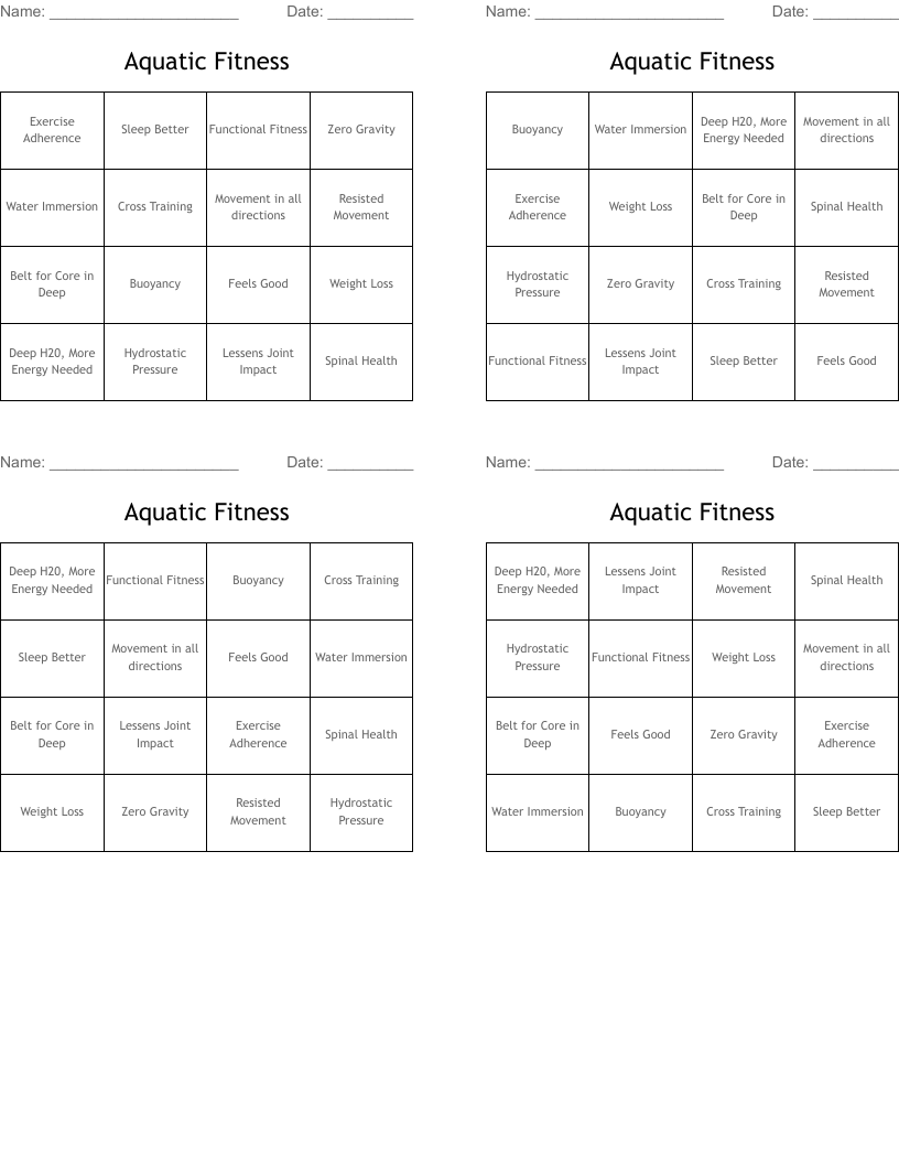 Aquatic Fitness Bingo Cards