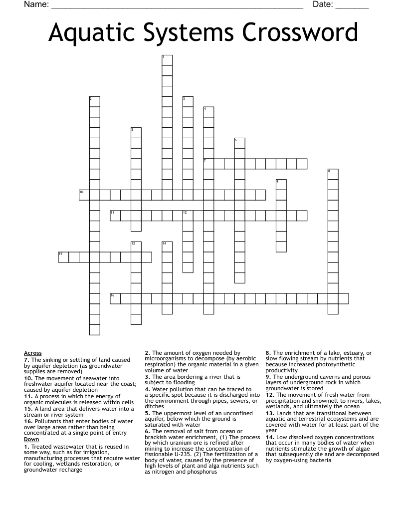 Aquatic Systems Crossword