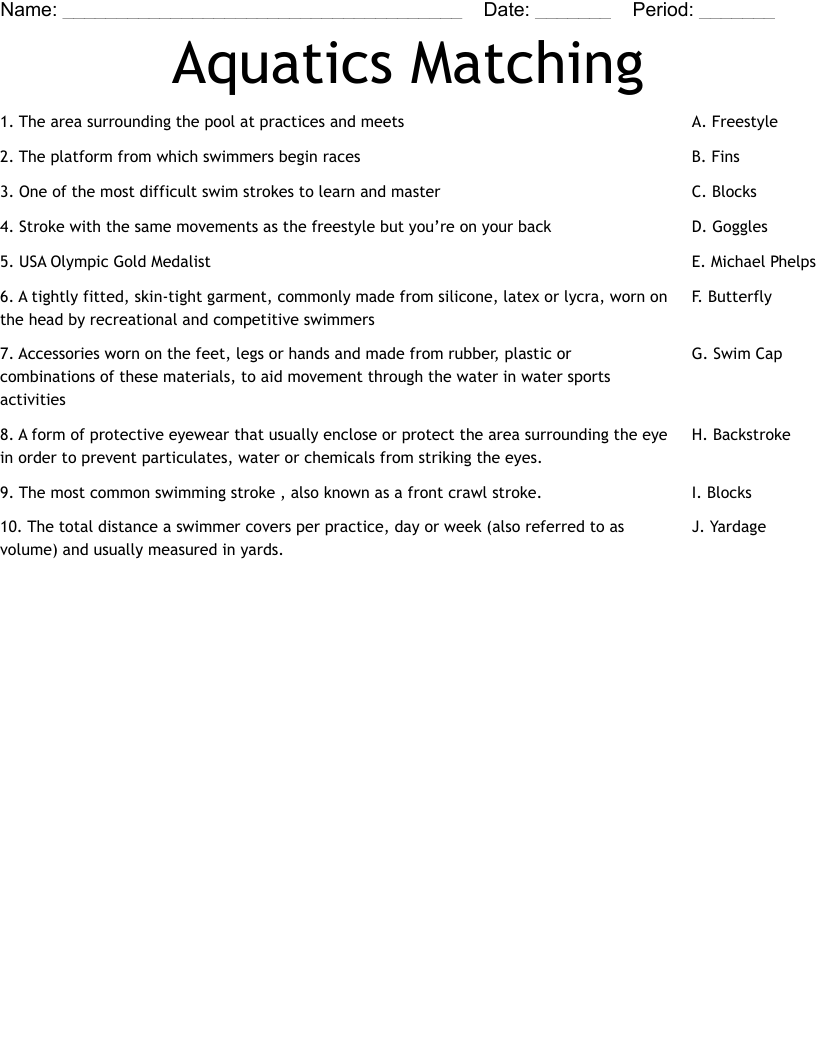 Aquatics Matching  Worksheet
