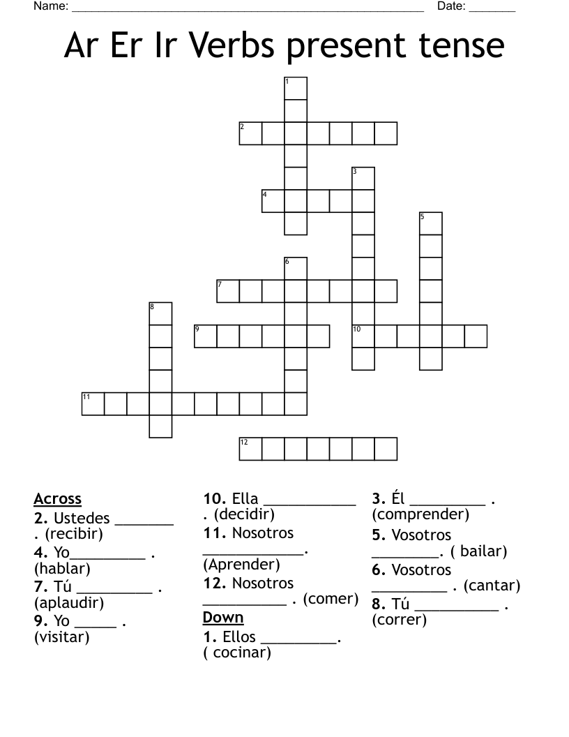 Ar Er Ir Verbs present tense Crossword