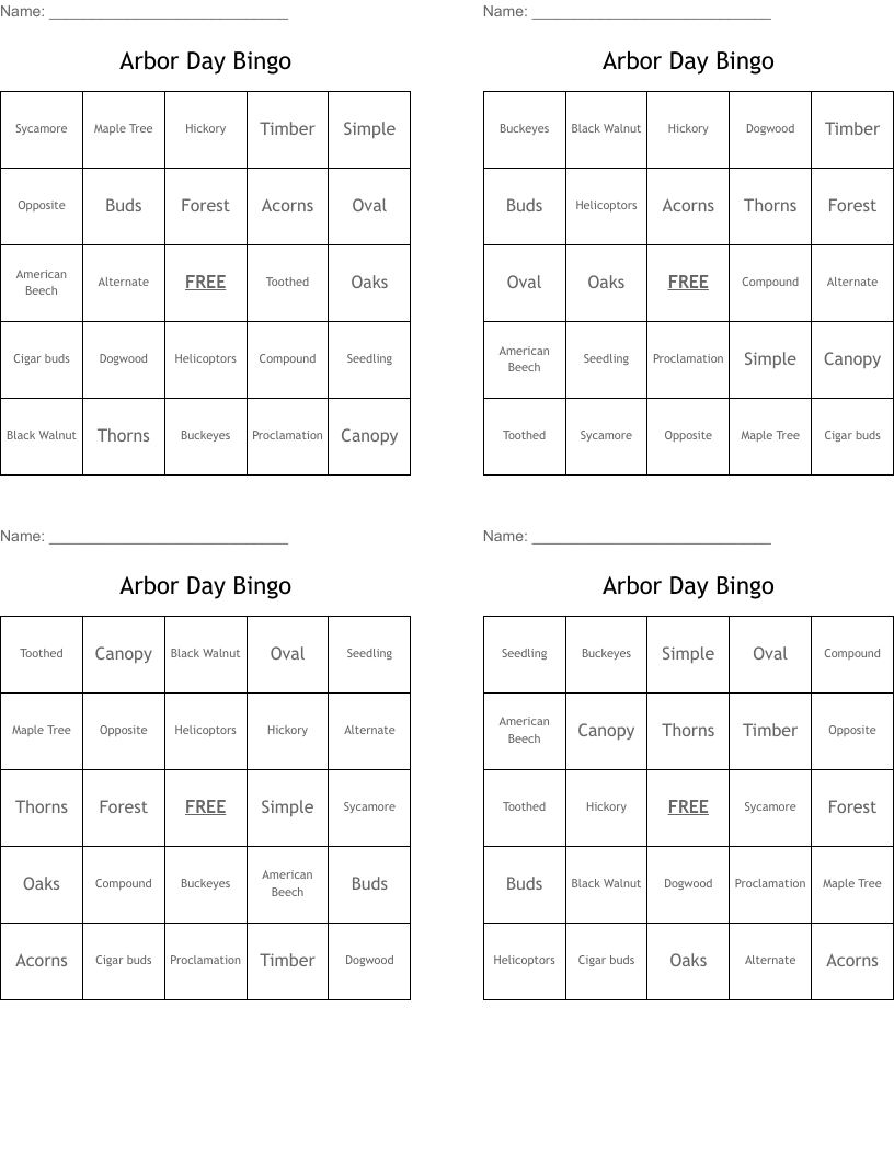 Arbor Day Bingo