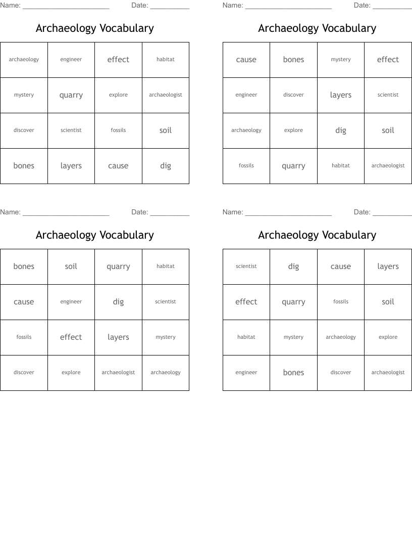 Archaeology Vocabulary Bingo Cards