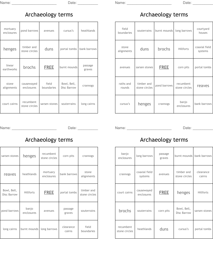 Archaeology terms Bingo Cards