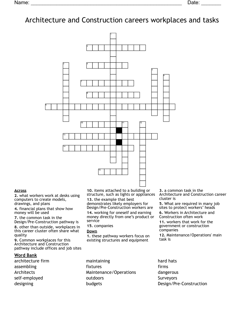 Architecture and Construction careers workplaces and tasks Crossword