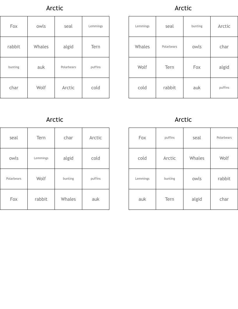 Arctic Bingo Cards