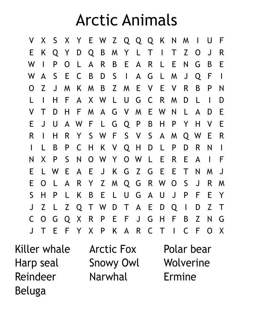 Arctic Animals  Word Search