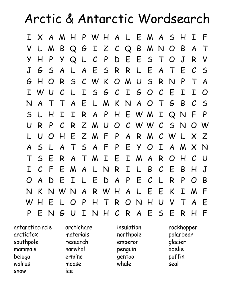 Arctic & Antarctic Wordsearch