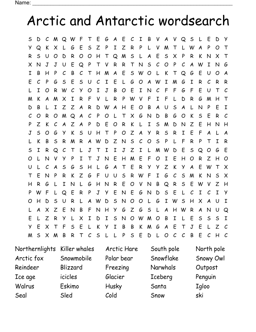 Arctic and Antarctic wordsearch