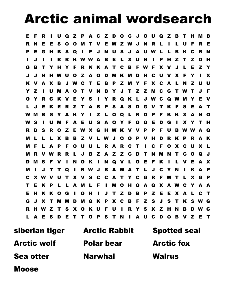 Arctic animal wordsearch