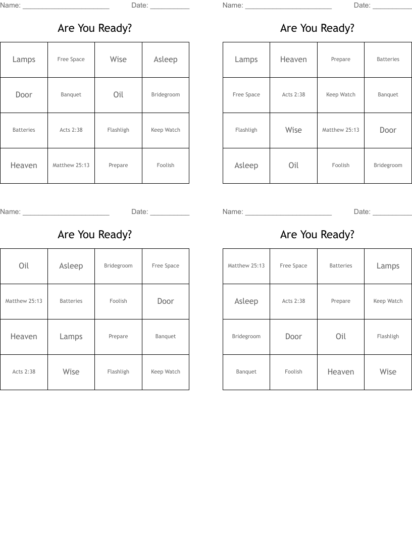 Are You Ready? Bingo Cards