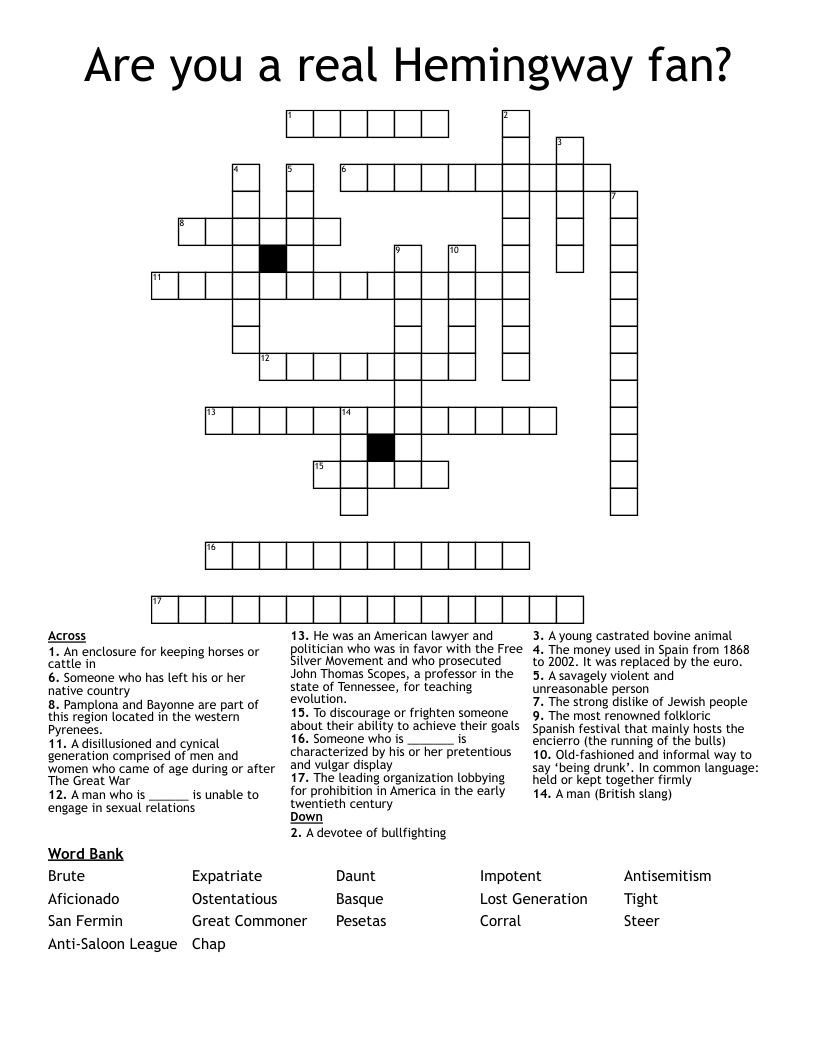Are you a real Hemingway fan? Crossword