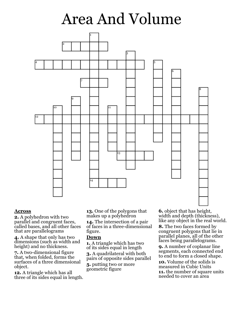 Area And Volume Crossword