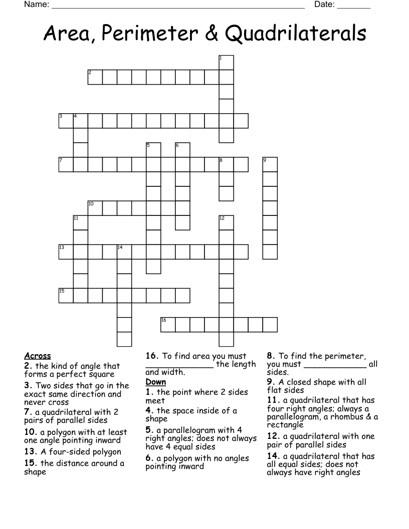 Area, Perimeter & Quadrilaterals Crossword