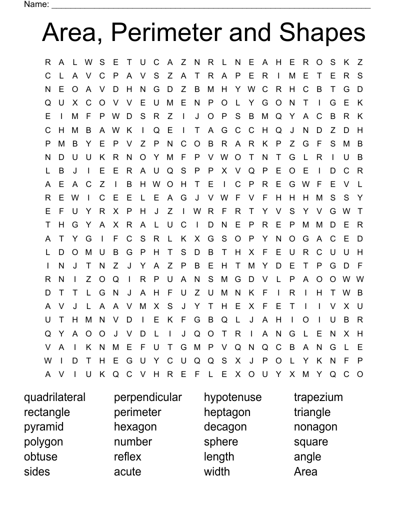Area, Perimeter and Shapes Word Search