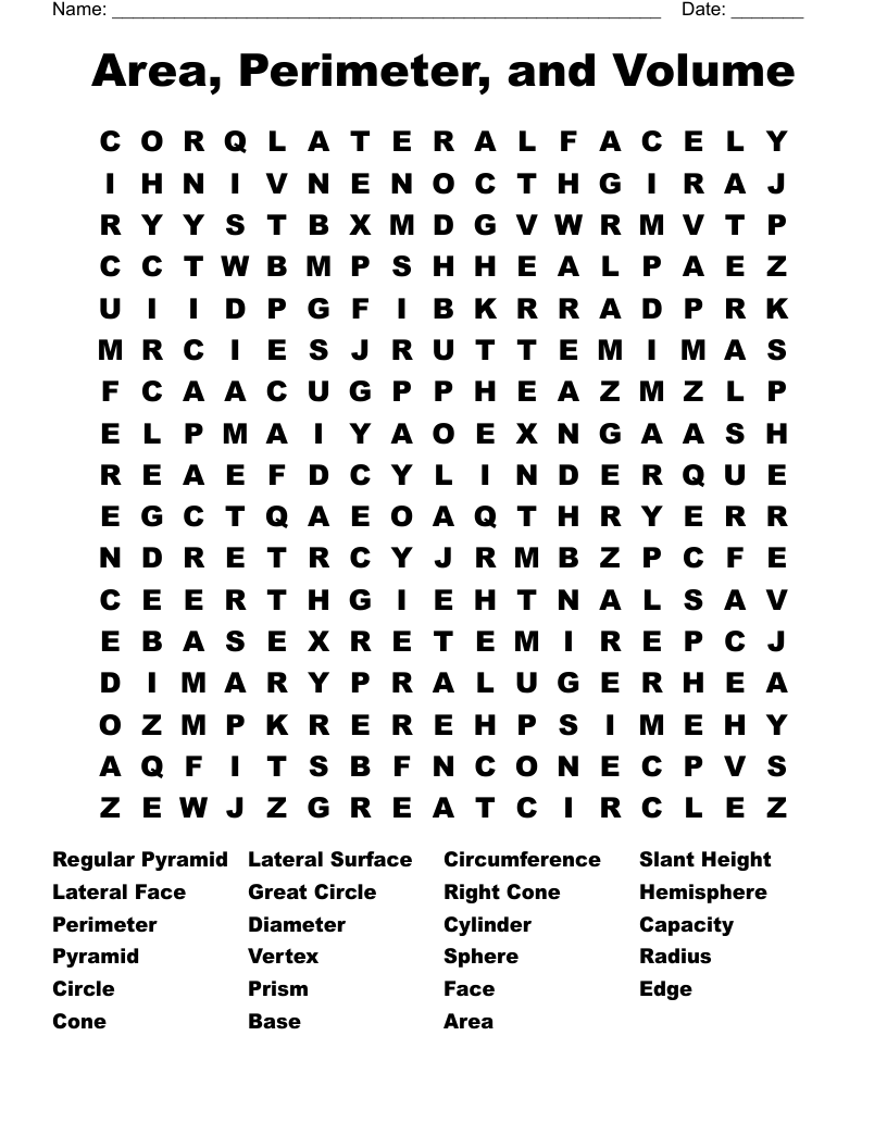 Area, Perimeter, and Volume Word Search