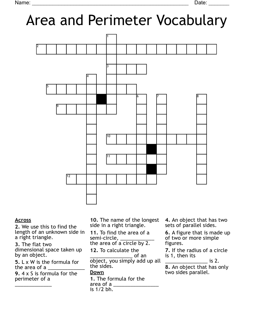 Area and Perimeter Vocabulary Crossword