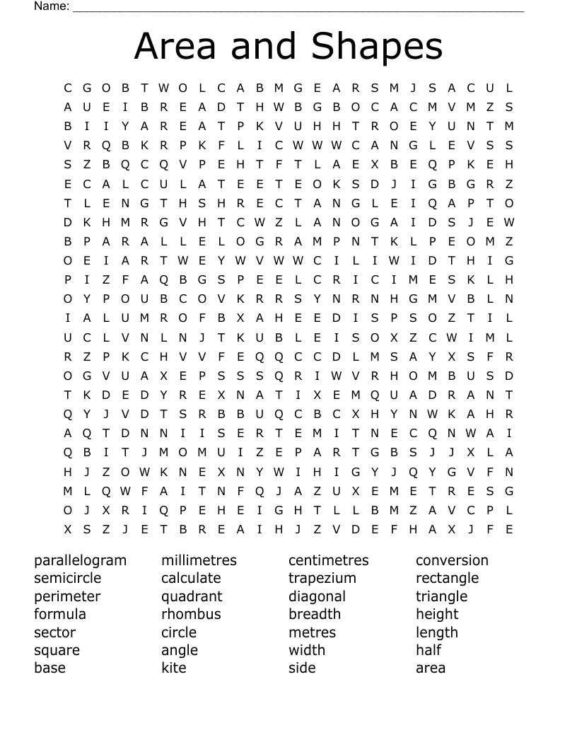 Area and Shapes Word Search