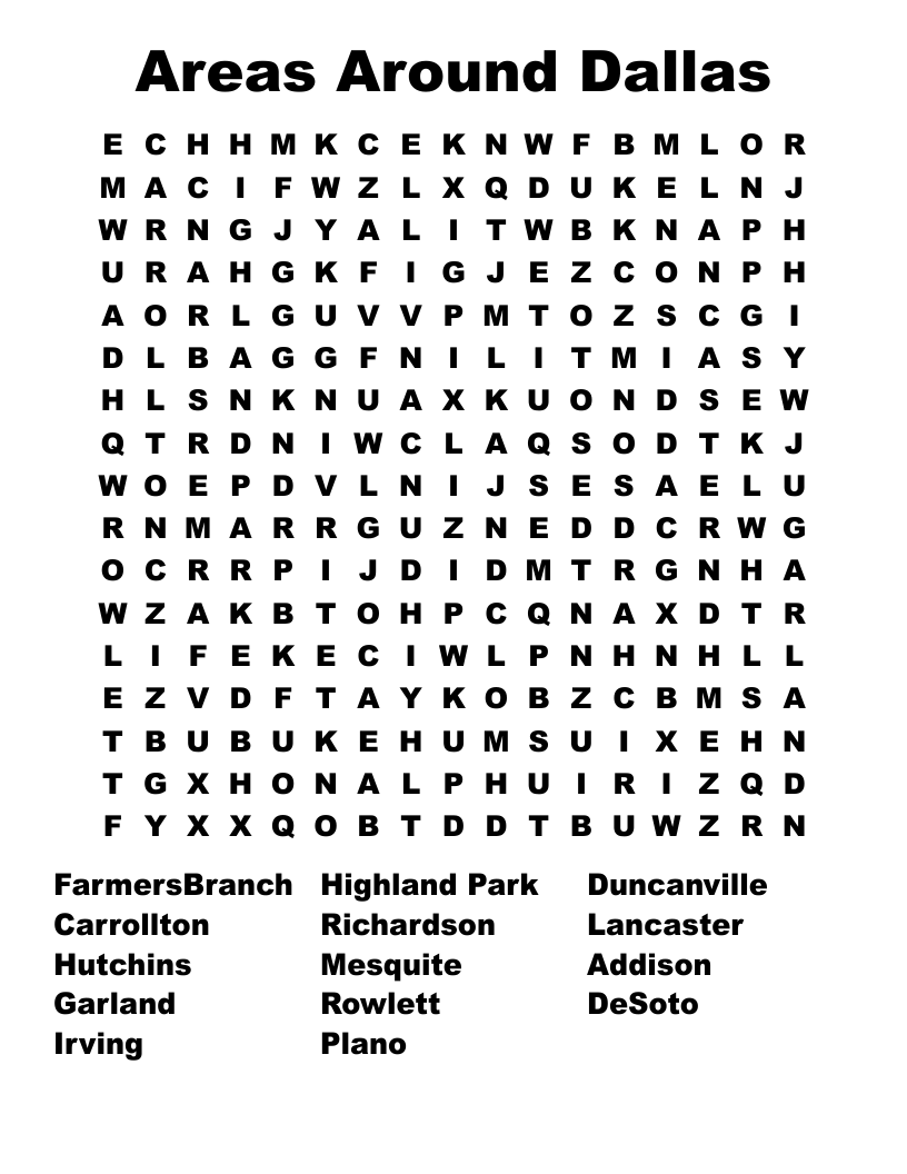 Areas Around Dallas Word Search
