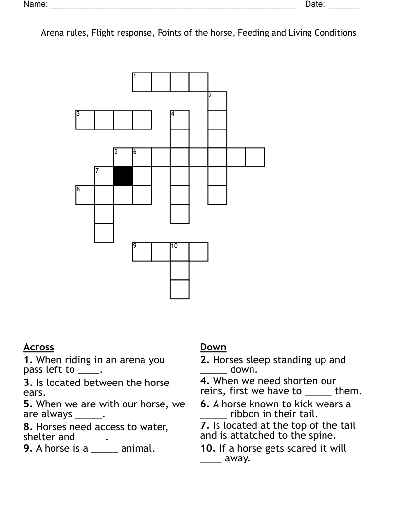 Arena rules, Flight response, Points of the horse, Feeding and Living Conditions Crossword
