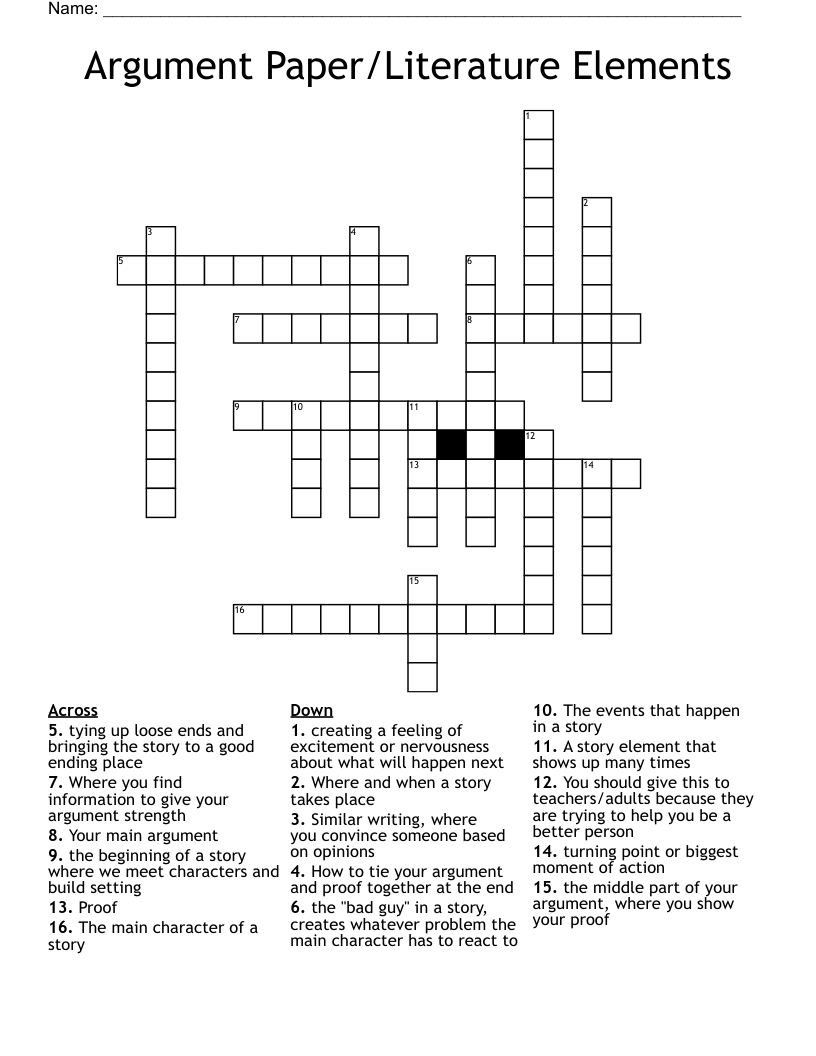 Argument Paper/Literature Elements Crossword