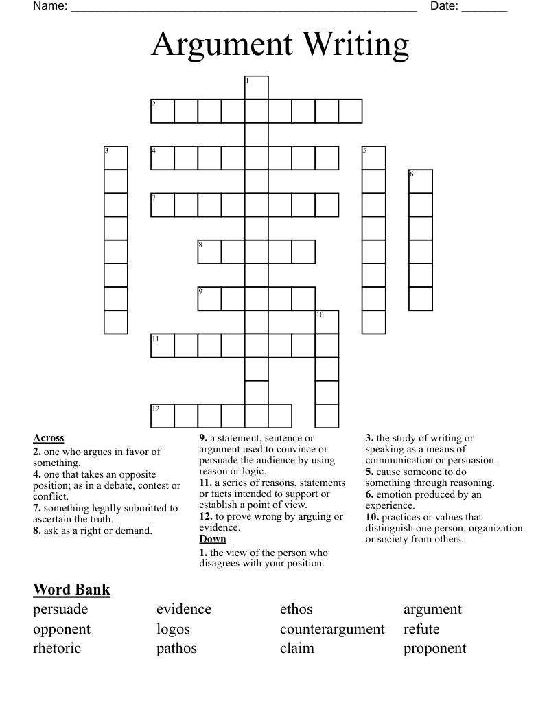 Argument Writing Crossword
