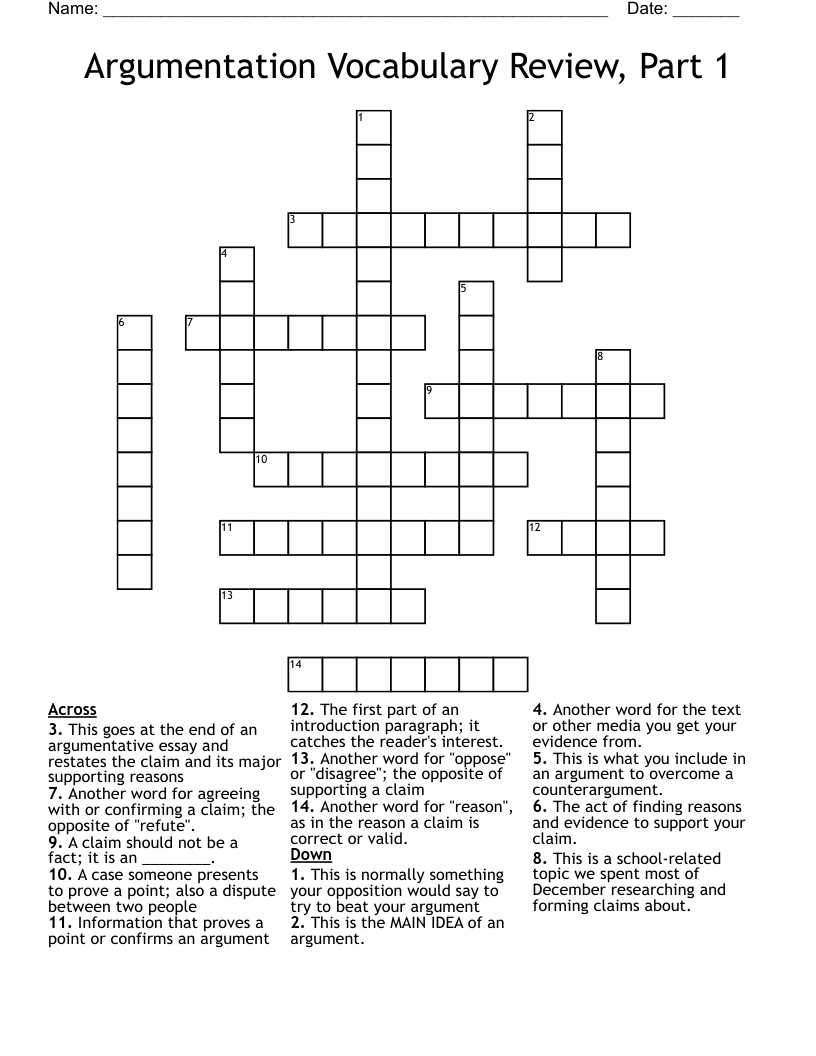 Argumentation Vocabulary Review, Part 1 Crossword