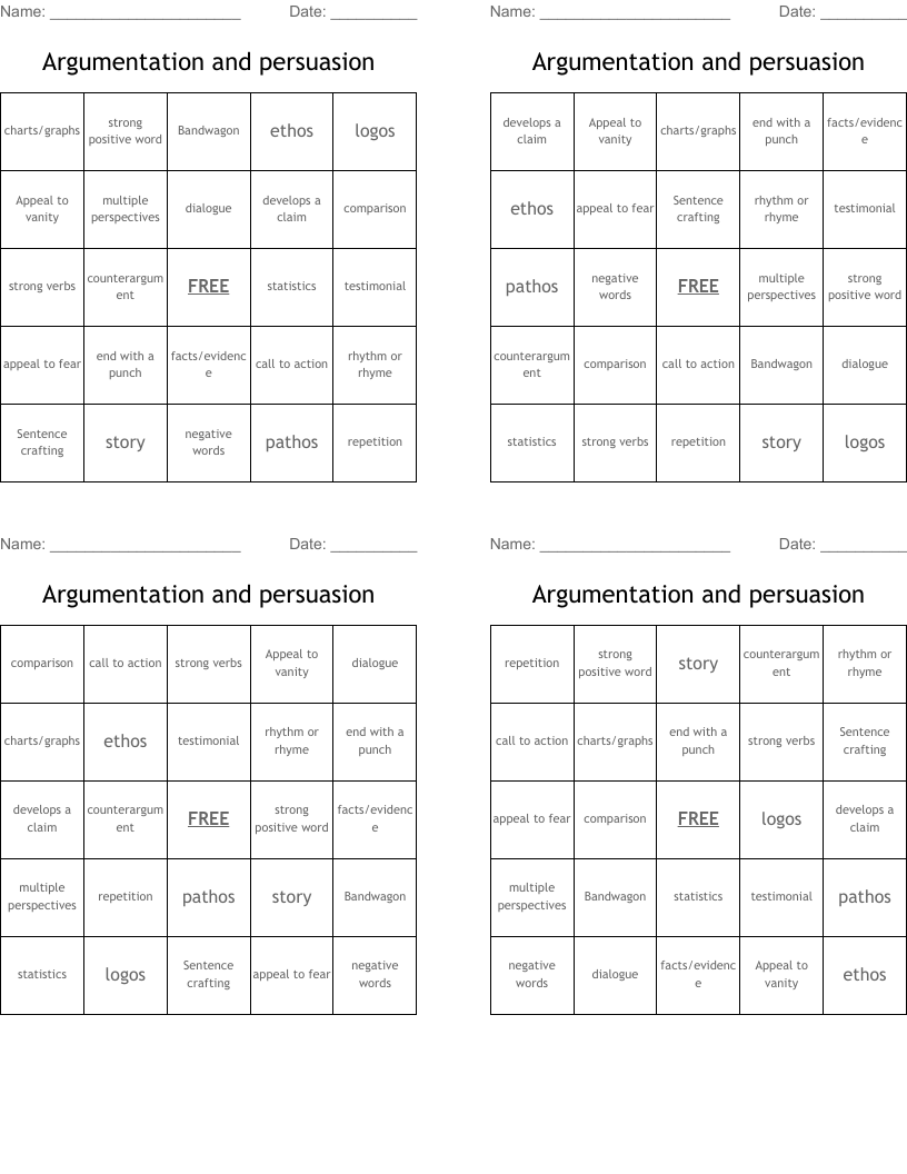 Argumentation and persuasion Bingo Cards