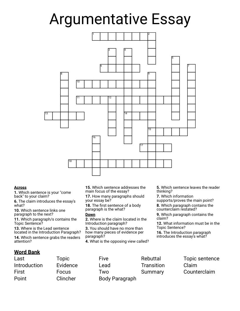 Argumentative Essay Crossword