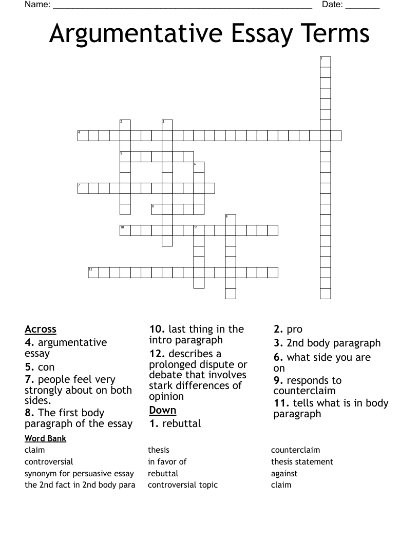 Argumentative Essay Terms Crossword