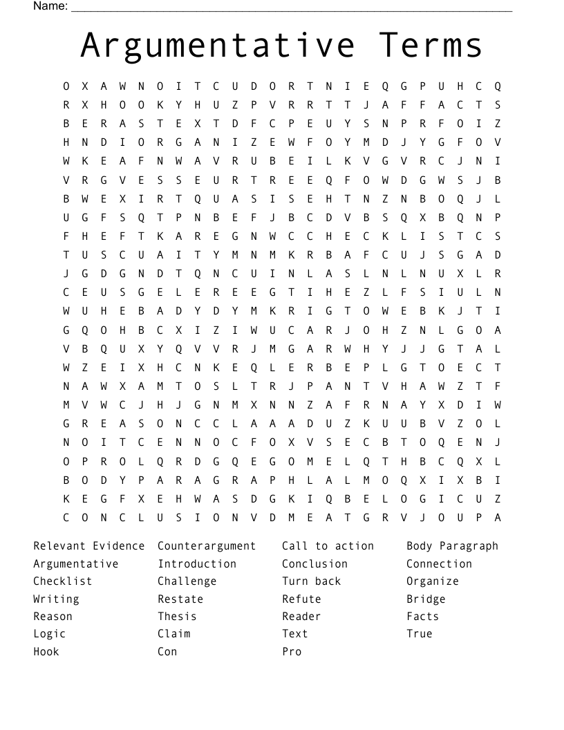 Argumentative Terms Word Search