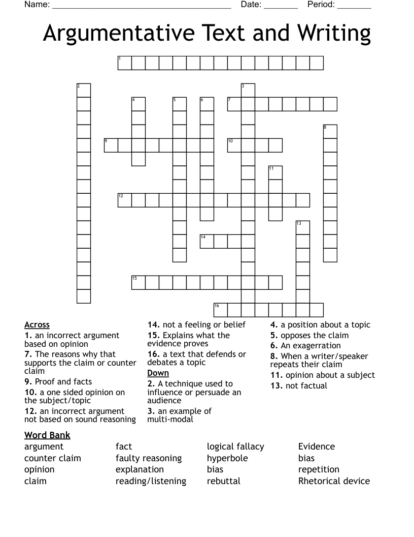 Argumentative Text and Writing Crossword